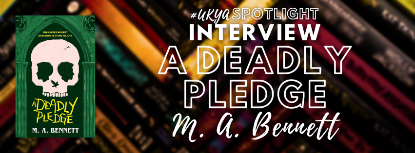 Title in white on blurred black, red, and gold book spines next to image of green book cover