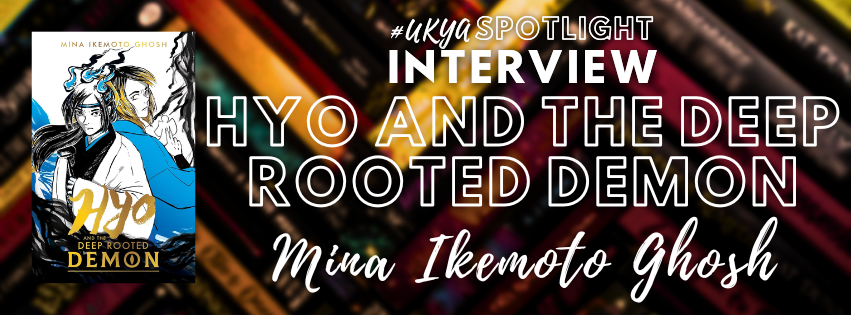 Title in white on blurred black, red, and gold book spines next to image of white and blue book cover