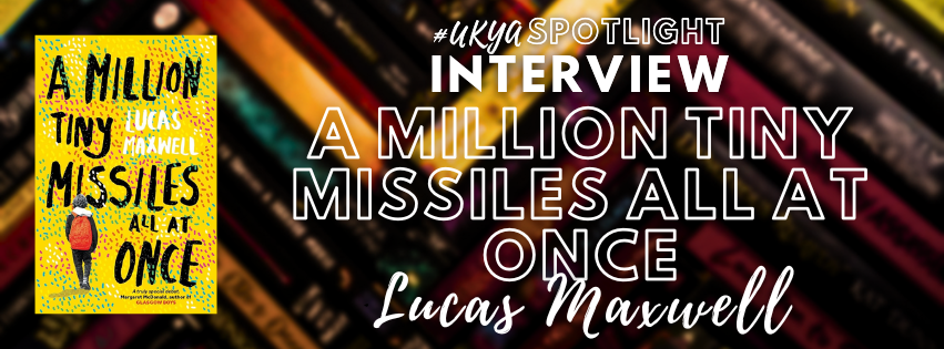 Interview title for A MILLION TINY MISSILES ALL AT ONCE in white on blurred black, red, and gold book spines next to image of yellow book cover