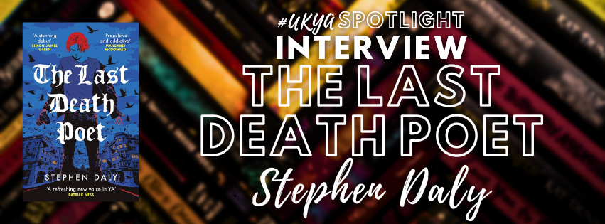 Title in white on blurred image of black, red, and gold book spines next to image of blue book cover