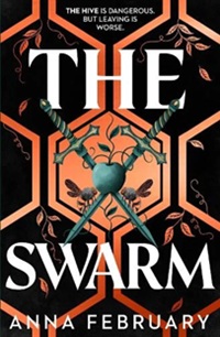 Book cover for THE SWARM: title in white on black with copper hexagons and two crossed swords