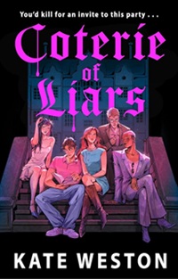 Book cover for COTERIE OF LIARS: title in hot pink above illustration of five teens on steps on a dark background