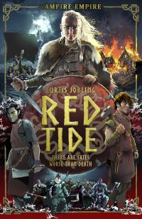 Book cover for RED TIDE: title in gold on a shield with a female viking warrior above, a kid either side, and a horde of warriors below