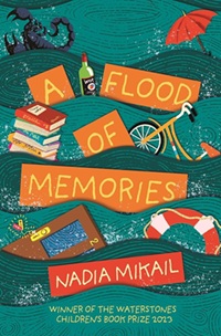 Book cover for A FLOOD OF MEMORIES: title in white on ornage rectangles floating in teal waves with graphics of books, umbrella, door, and bike