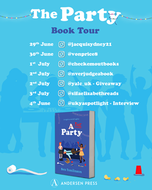 Blog tour graphic with list of participating blogs in white on bright blue above a darker blue book cover