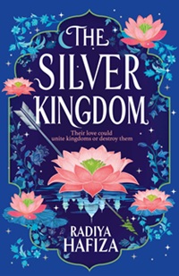 Book cover for THE SILVER KINGDOM: title in silver on blue above a pink lotus with blue vines, and an arrow through it