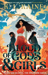 Book cover for BLOOD OF GODS AND GIRLS: title in black on illustration of a girl in orange standing on flames flanked by two figures in blue