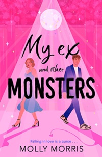 Book cover for MY EX AND OTHER MONSTERS: title in black on pink illustration of a white boy and girl walking away from one another under a disco ball