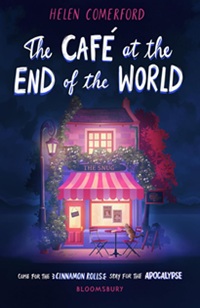 Book cover for THE CAFE AT THE END OF THE WORLD: title in white above illustration of a pink cafe at night all on indigo