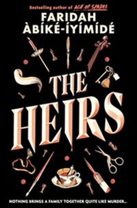 Book cover for THE HEIRS: title in pale pink on black with graphic of swords, chess pieces, and other objects around
