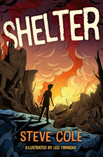 The Shelter book cover. SHELTER is written is worn block capitals. A teenaged male stands in the middle of bombed out ruins.
