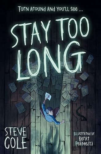 The cover STAY TOO LONG. In scratchy, glowing light blue handwriting it says Turn Around And You'll See... STAY TOO LONG. The Illustration has a mess of letters over worn and cracked floorboards with the light coming from the doorway illuminating them and a teenager. In the light there is an ominious shadow.