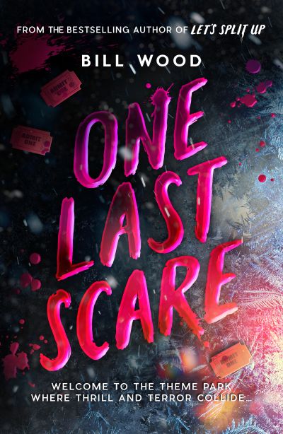 A black background is iced over at the right edge with red lights reflected in the ice. 3 admission tickets are scattered across the background, some splashed witht he blood thatis spatter across the image.
The title, in the centre, also seems to been written in the same spatter reading ONE LAST SCARE. The colour fades from plum to pinky red and the last word is fractaled by ice at the letter edges.
Bill Wood is written in small, white block capitals at the top under FROM THE BESTELLING AUTHOR OF LET's SPLIT UP.
At the bottom, in the same whit block capital font is the tag line: WELCOME TO THE THEME PARK WHERE THRILL AND TERROR COLLIDE.