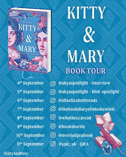 Blog tour graphic for KITTY AND MARY: title and list of participating bloggers in white on blue below image of book