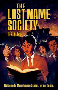 Book cover for THE LOST NAME SOCIETY: title in yellow on illustration of five teens of colour looking at a book outside at night