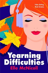 Book cover for YEARNING DIFFICULTIES: title in white on graphic of a white girl with orange hair and headphones on with autumn leaves around